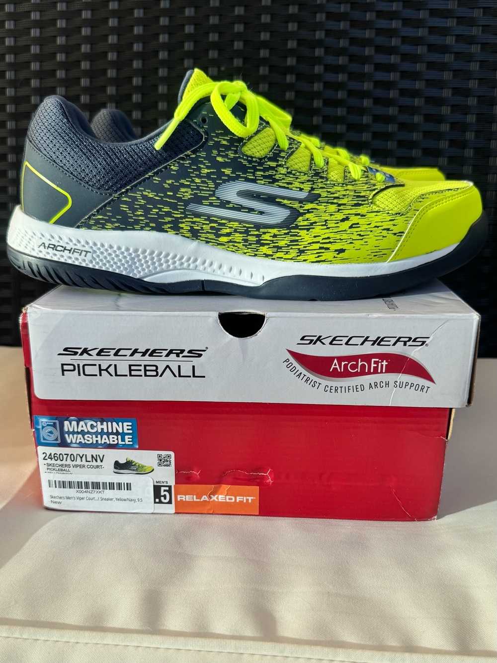 Skechers Arch Fit Neon Yellow & Navy Athletic Pickleball Shoes